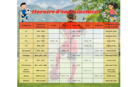 Horaire d'entrainement de juin